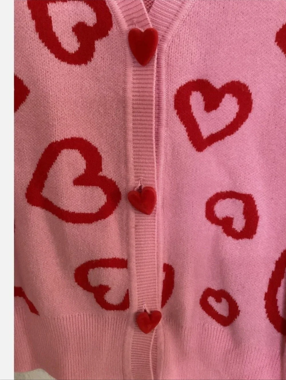 33 Degrees Pink Red Heart Pattern Button Up Cardigan Sweater Size XL